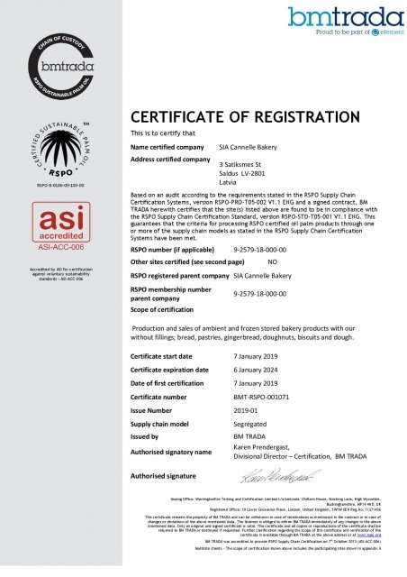 Cannelle Bakery  veikusi  RSPO palmu eļļas piegādes ķēdes sertifikāciju. 