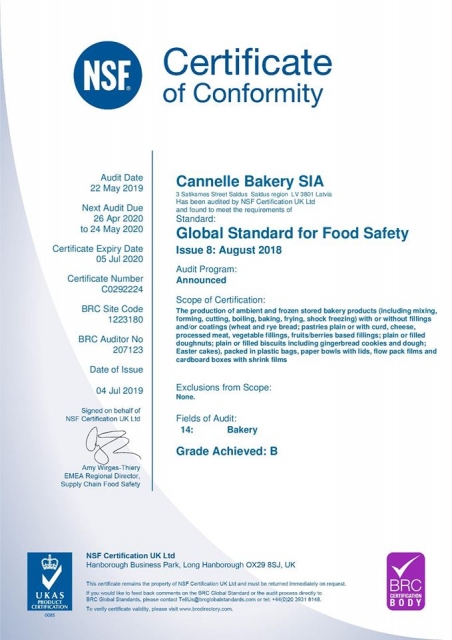Cannelle Bakery ceturto reizi saņem BRC sertifikātu